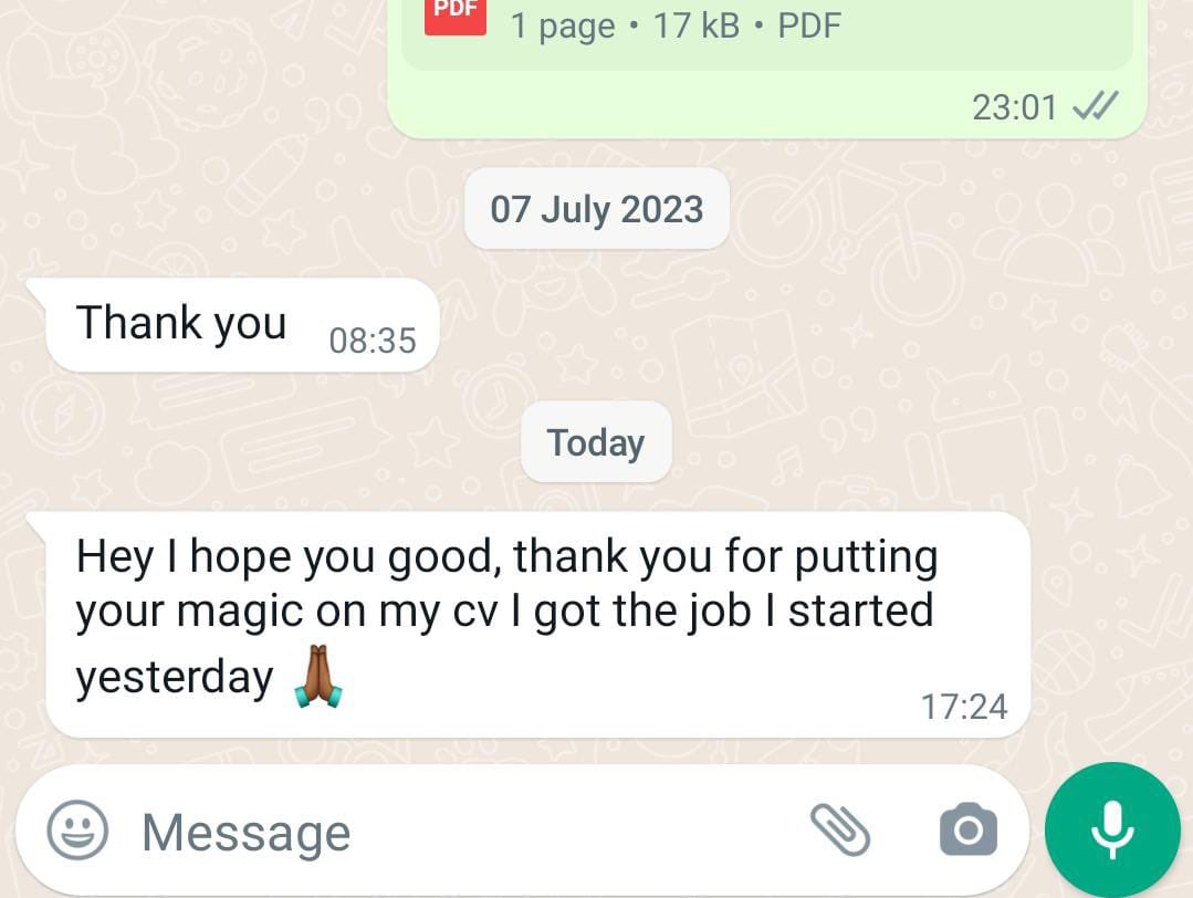 Contact Experts for Professional CV Revamp and Cover Letter at Affordable Prices.

[Services Offered]
▪️Cover Letter R60
▪️Modern Curriculum Vitae from R100
▪️Promotions R200
▪️LinkedIn Optimisation 
▪️Poster Design

Whatsapp link:📲(+27604290277)  or
DM: <a href="/ZamakonkeK/">ZamaKonke Khuzwayo</a>