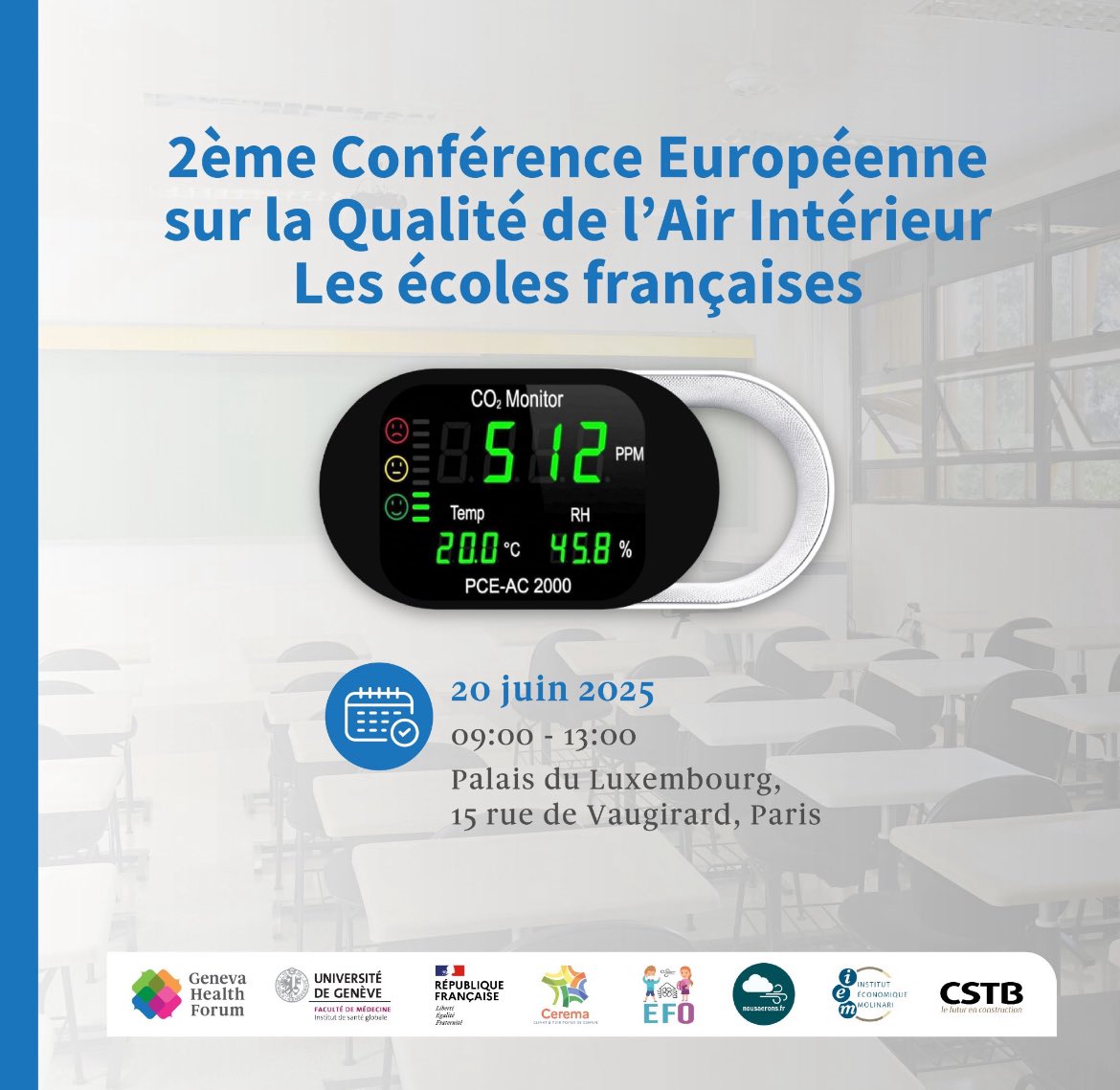 📢 La 2ᵉ Conférence Européenne sur la Qualité de l’Air Intérieur commence !

💨 Améliorer l’air que respirent les enfants à l’#ecole 🇫🇷 : enjeux, état des lieux, solutions

👥 Experts, décideurs publics, élus et société civile

#QAI #CQAI #PlanAir #ERP