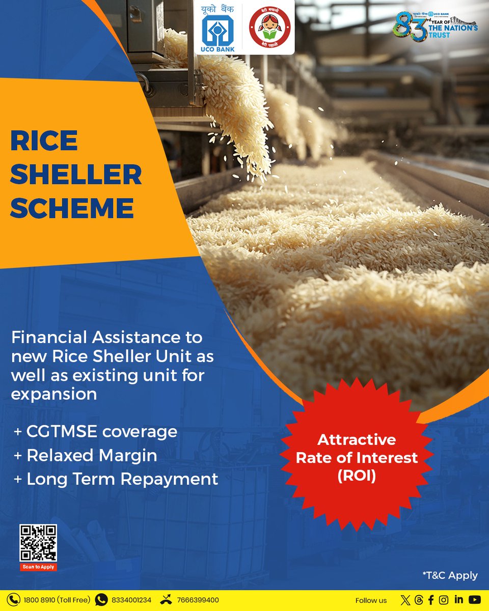 🌾 Boost Your Agro Business with UCO Bank!
Introducing the Rice Sheller Scheme – your gateway to setting up a new unit or expanding an existing one!

✅ Financial Assistance
✅ CGTMSE Coverage
✅ Relaxed Margin
✅ Long-Term Repayment
💰 Attractive Rate of Interest (ROI)

📞 For