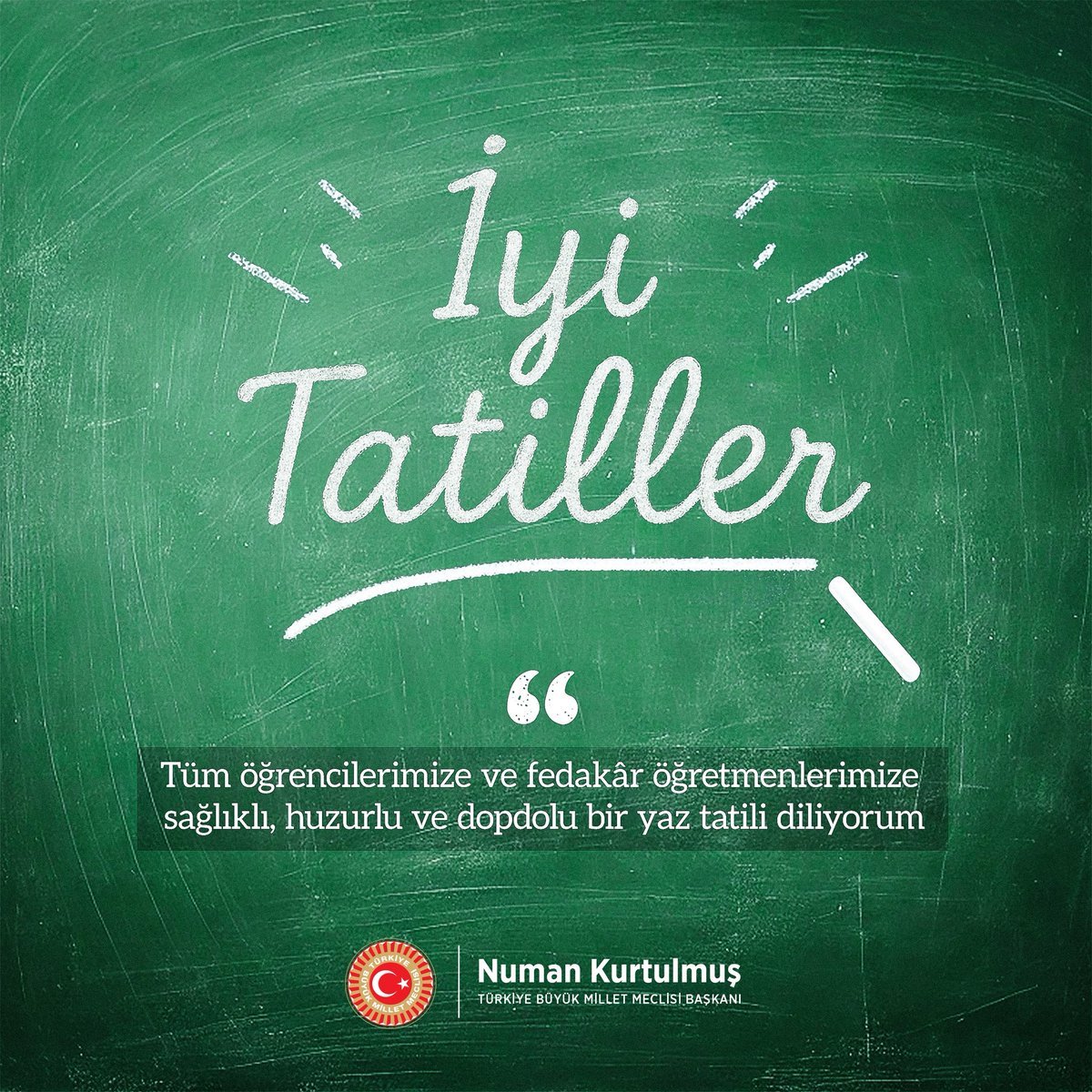 Bir eğitim-öğretim yılını daha başarıyla tamamlayan tüm öğrencilerimizi, fedakâr öğretmenlerimizi, eğitim camiamızın kıymetli çalışanlarını ve destekleriyle her zaman yanımızda olan velilerimizi gönülden tebrik ediyorum. Hepinize sağlıklı, huzurlu ve dopdolu bir yaz tatili