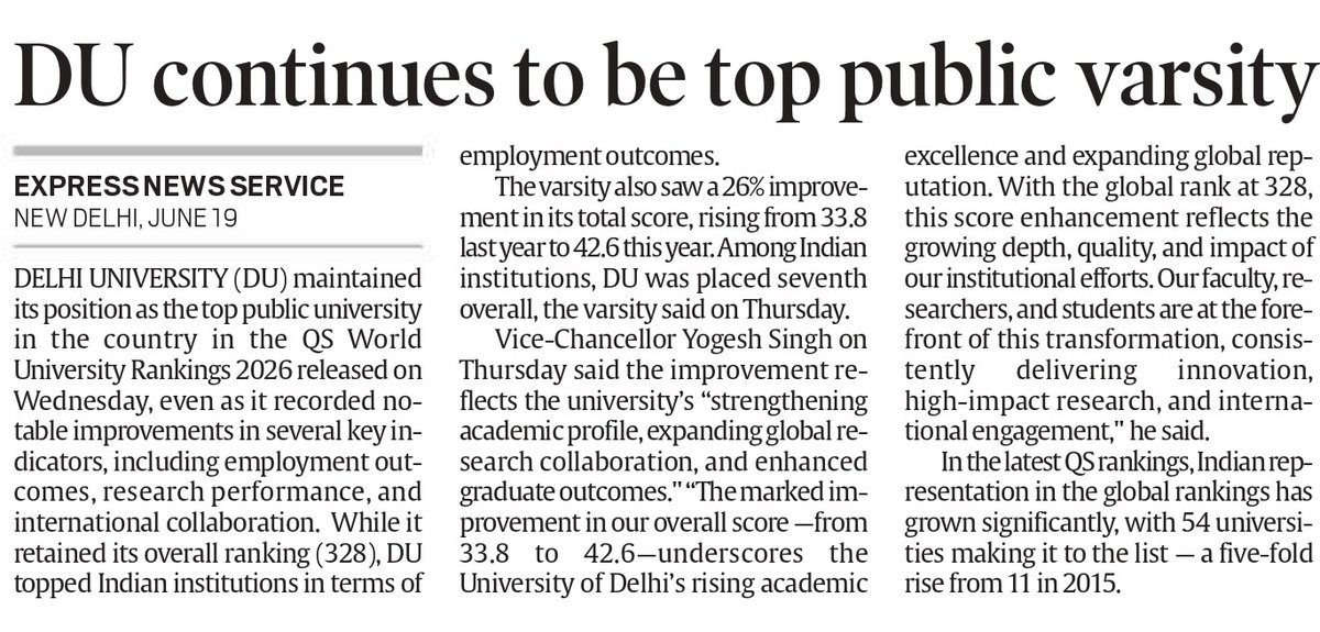 University of Delhi (@univofdelhi) on Twitter photo #UniversityofDelhi ranks first among Indian institutions and 30th globally, in the Employment Outcomes in the #QS2026. We thank the #DU community for their commitment to academic excellence. <a href="/narendramodi/">Narendra Modi</a> <a href="/PMOIndia/">PMO India</a> <a href="/dpradhanbjp/">Dharmendra Pradhan</a> <a href="/EduMinOfIndia/">Ministry of Education</a> <a href="/YeDesHaiMera/">Yogesh Singh</a> #UniversityofDelhi ranks first among Indian institutions and 30th globally, in the Employment Outcomes in the #QS2026. We thank the #DU community for their commitment to academic excellence. <a href="/narendramodi/">Narendra Modi</a> <a href="/PMOIndia/">PMO India</a> <a href="/dpradhanbjp/">Dharmendra Pradhan</a> <a href="/EduMinOfIndia/">Ministry of Education</a> <a href="/YeDesHaiMera/">Yogesh Singh</a>