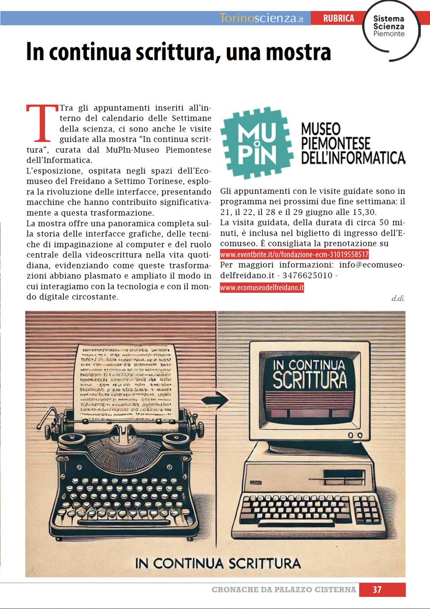 🧬  🧬 Su #Cronache di <a href="/CittaMetroTO/">Città MetroTorino</a>  nella rubrica dedicata alla #scienza e al #sistemascienzapiemonte, parliamo delle visite guidate alla mostra curata dal <a href="/Mupin_It/">Museo Piemontese dell’Informatica</a>  all' <a href="/EcomuseoF/">Ecomuseo Freidano</a>