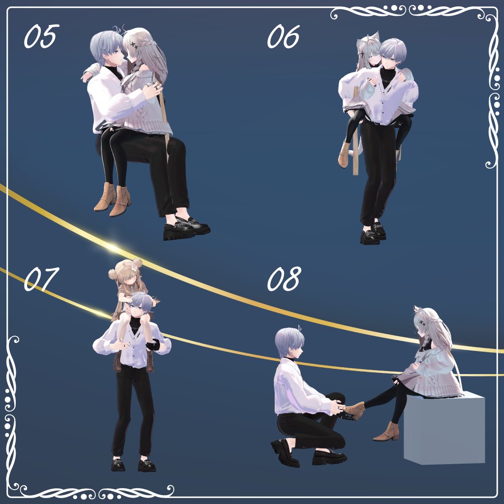 VRC_Rice_Works's tweet image. #VRChat 向けに２人ペアで使える、映えるポーズを意識した
[Duet Style] を公開しました！

男性アバターと女性アバターの体格差を活かした
恋愛映画みたいなシーンを意識して作りました

#AvatarPoseLibrary 設定済なので
対応アバター以外でも、ポーズの微調整が簡単♪
本日18時からリリース予定です