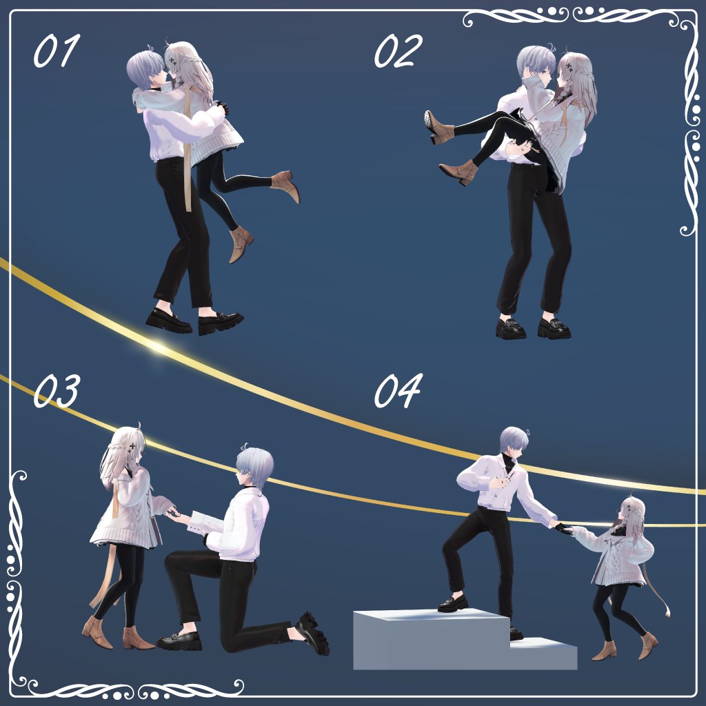 VRC_Rice_Works's tweet image. #VRChat 向けに２人ペアで使える、映えるポーズを意識した
[Duet Style] を公開しました！

男性アバターと女性アバターの体格差を活かした
恋愛映画みたいなシーンを意識して作りました

#AvatarPoseLibrary 設定済なので
対応アバター以外でも、ポーズの微調整が簡単♪
本日18時からリリース予定です