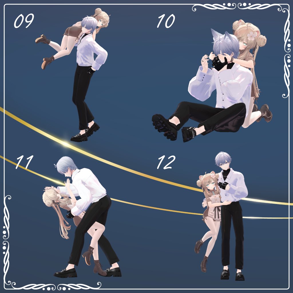 VRC_Rice_Works's tweet image. #VRChat 向けに２人ペアで使える、映えるポーズを意識した
[Duet Style] を公開しました！

男性アバターと女性アバターの体格差を活かした
恋愛映画みたいなシーンを意識して作りました

#AvatarPoseLibrary 設定済なので
対応アバター以外でも、ポーズの微調整が簡単♪
本日18時からリリース予定です