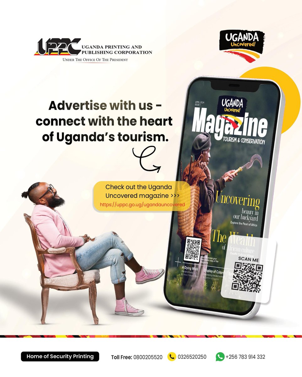 Reach the heart of Uganda’s tourism by advertising with us in the Uganda Uncovered Magazine, where stories, destinations, and culture come alive.

Explore and download the latest edition here: uppc.go.ug/ugandauncovered