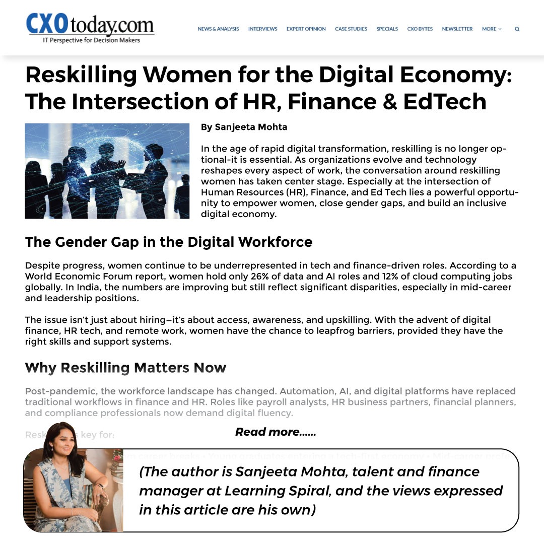 Learning Spiral (@learningspiral) on Twitter photo Proud moment! Our very own #SanjeetaMohta, Talent & Finance Manager at <a href="/LearningSpiral/">Learning Spiral</a>, shares insights in #CXOToday on how reskilling at the intersection of #HR #Finance & #EdTech can empower women, bridge gender gaps & build a more inclusive digital future. Proud moment! Our very own #SanjeetaMohta, Talent & Finance Manager at <a href="/LearningSpiral/">Learning Spiral</a>, shares insights in #CXOToday on how reskilling at the intersection of #HR #Finance & #EdTech can empower women, bridge gender gaps & build a more inclusive digital future.