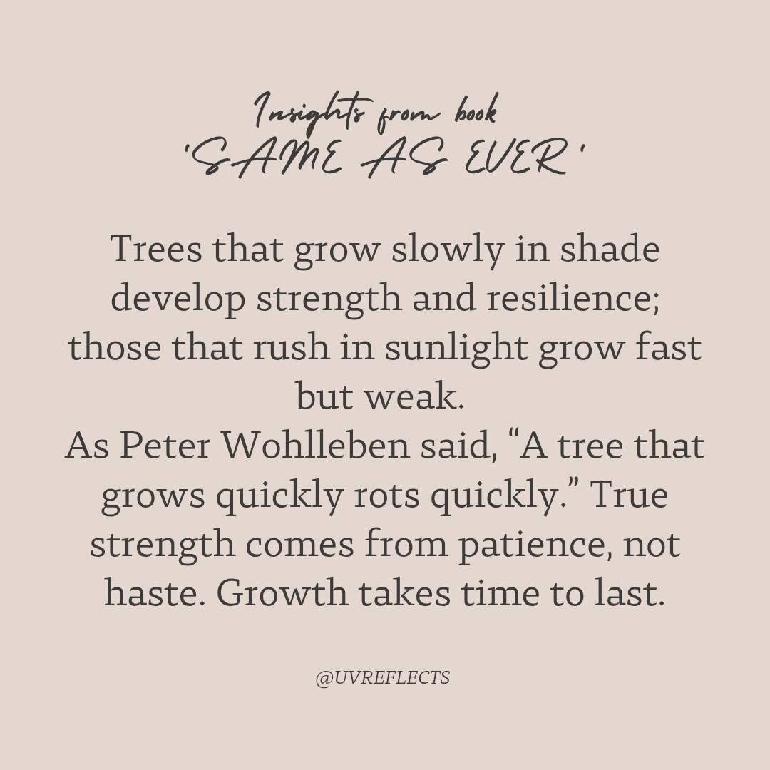 UVReflects's tweet photo. Trees that grow slowly in shade develop strength and resilience; those that rush in sunlight grow fast but weak. As Peter Wohlleben said, “A tree that grows quickly rots quickly.” True strength comes from patience, not haste. Growth takes time to last.
#SameAsEver https://t.co/JPFl5u8gkB