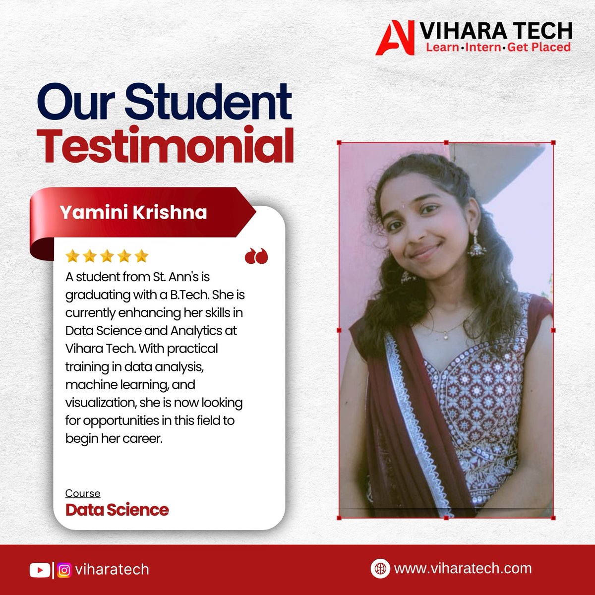 viharatech's tweet image. Meet Yamini Krishna, a talented B.Tech graduate from St. Ann&apos;s. She’s currently honing her skills in Data Science and Analytics at Vihara Tech.
.
.
.
#datascience #viharatech #careerdevelopment #testimoni #careergrowth