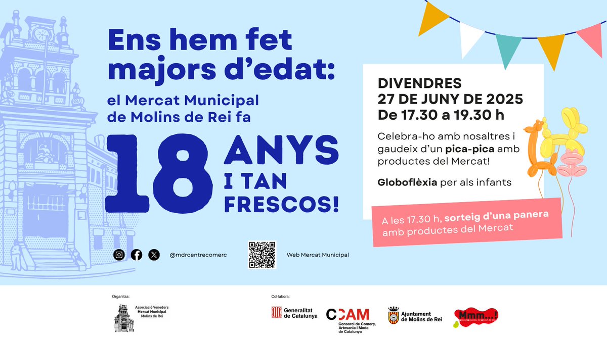 🎉El Mercat Municipal fa 18 anys! 🎉

Divendres 27 de juny celebrem la majoria d’edat del nostre Mercat!

No t’ho perdis! T’hi esperem per celebrar-ho plegats! 🥳 
#MercatMunicipal #18Anys #SomMolinsdeRei #mdrcentredecomerc