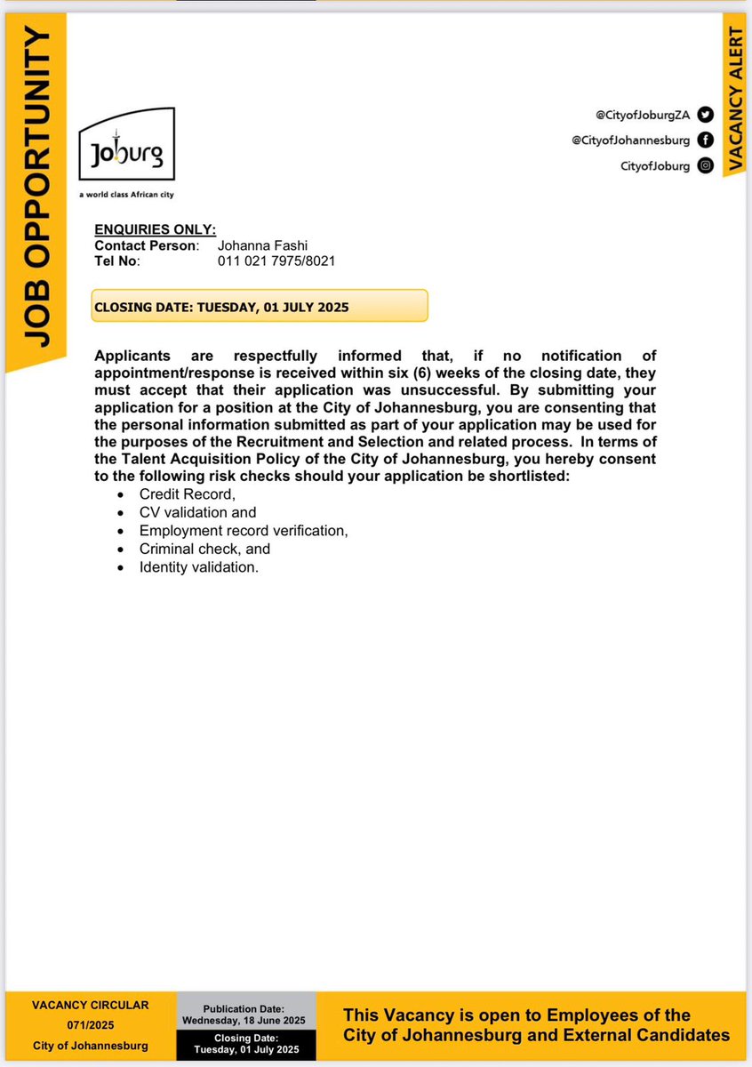 Employment Opportunity within the City of Joburg 

Permanent Position

✅   Human Settlements

📌 Director : Finance 

Closing Date: 01 July 2025

For more information and to apply online joburg.org.za

Follow our WhatsApp channel: whatsapp.com/channel/0029Va…