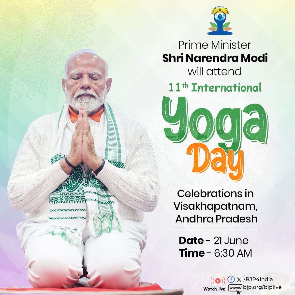 BJP (@bjp4india) on Twitter photo PM Shri <a href="/narendramodi/">Narendra Modi</a> will attend 11th International Day of Yoga Celebrations in Visakhapatnam, Andhra Pradesh.
Watch Live:
x.com/BJP4India
facebook.com/BJP4India
youtube.com/BJP4India
bjp.org/bjplive PM Shri <a href="/narendramodi/">Narendra Modi</a> will attend 11th International Day of Yoga Celebrations in Visakhapatnam, Andhra Pradesh.
Watch Live:
x.com/BJP4India
facebook.com/BJP4India
youtube.com/BJP4India
bjp.org/bjplive