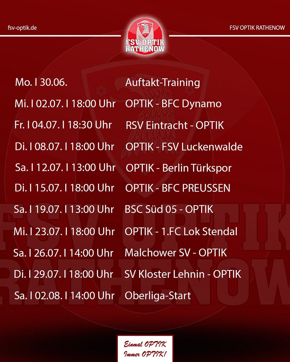 +++ Weiteres Testspiel +++

Am 15.07. (Di.) um 18 Uhr treffen wir in einem zusätzlichen #Testspiel auf den Regionalliga-Aufsteiger BFC Preussen. Den kompletten Blick auf die #Vorbereitung findet ihr nochmal in der Übersicht.