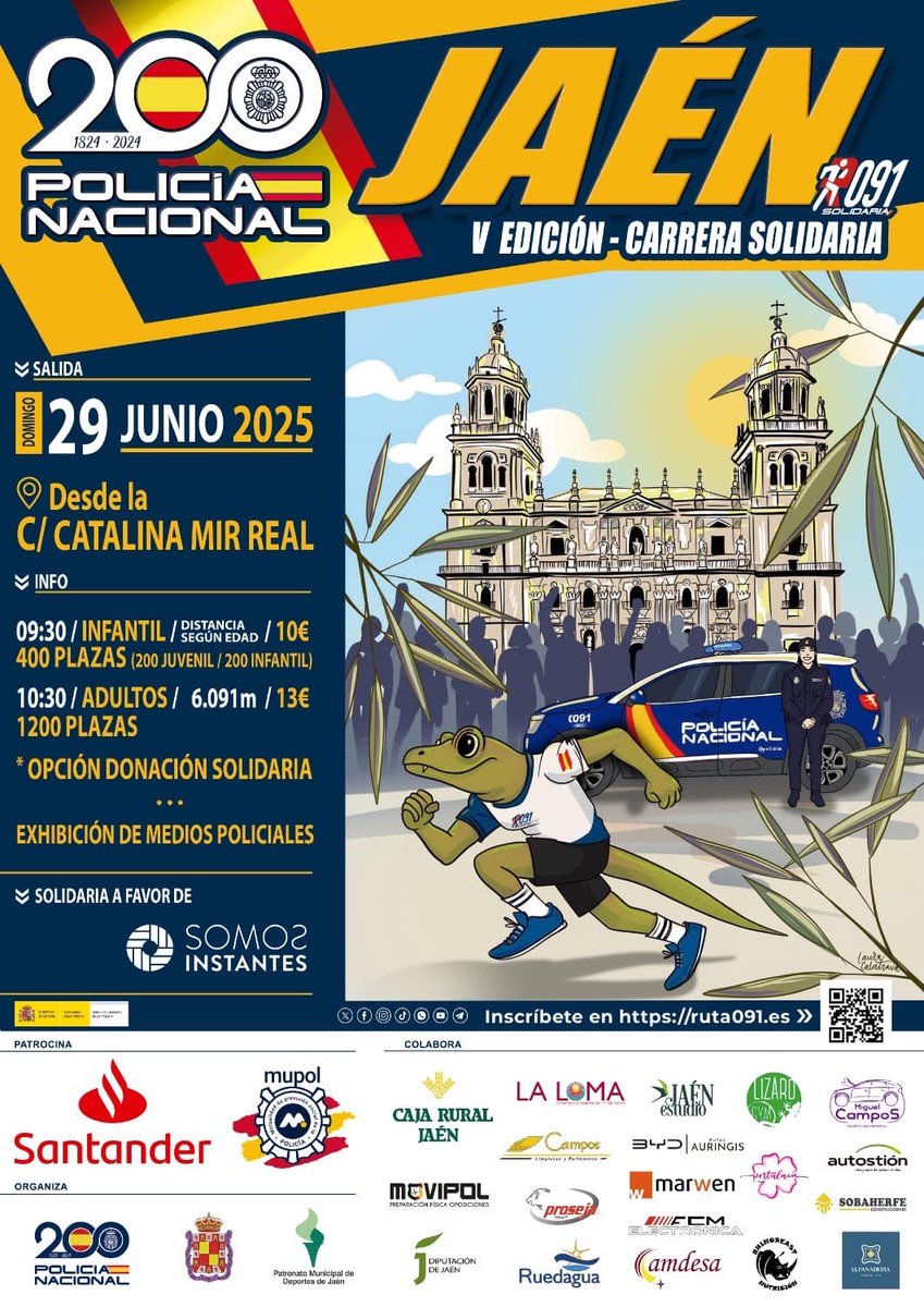 ¿Aún no tienes tu dorsal 🎽 para la V Carrera Solidaria “Ruta 091” del próximo 29 de junio a beneficio de la Fundación Somos Instantes?

Inscríbete antes del miércoles 25 por 13 💶 en la prueba de adultos y de 10, en la infantil y juvenil 👇

🌐 deportime.com/carrera/jaen-0…