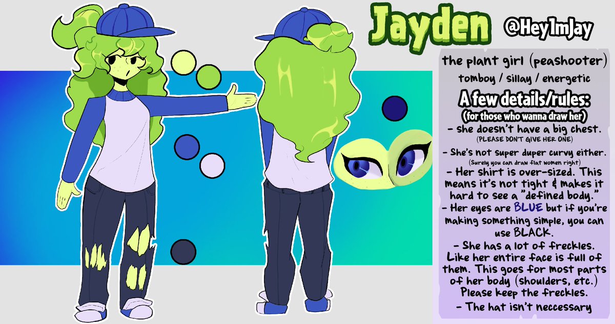 Hey1mJay's tweet image. Updated the ref sheet to have more details. This is Jayden, the one OC you've seen everywhere on my socials.
Drawn by @Picorita83. If you do make fan-art, tag me in it, or you can share it in my Discord server.