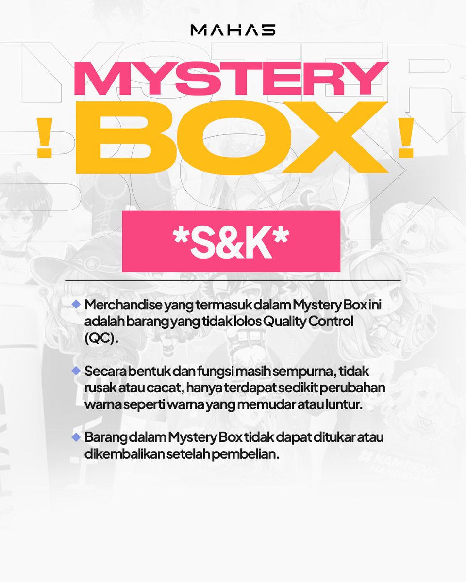 🎁 MYSTERY BOX PERTAMA MAHA5 🎁

CUMA 10K⁉️Isinya bisa sampai 200K⁉️
GILA GAK SIH 😭🔥

Ada T-Shirt, Varsity Jacket, dan banyak item rahasia lainnya yang bisa kalian dapetin cuma dari box ini!
Cobain peruntungan kalian sekarang✨

*S&amp;K berlaku!
#MAHA5 #MysteryBoxMAHA5