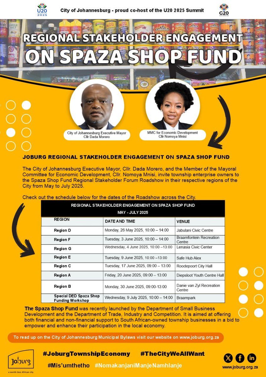 🚨 Calling all spaza shop owners &amp; hustlers in Diepsloot!

Struggling to keep your business afloat or ready to start one? 🛒 Join the City of Joburg’s Spaza Shop Fund sessions at Region A Diepsloot Youth Centre!

📅 Today ⏰️Now 

#JoburgTownshipEconomy #JoburgReimagined ^MR