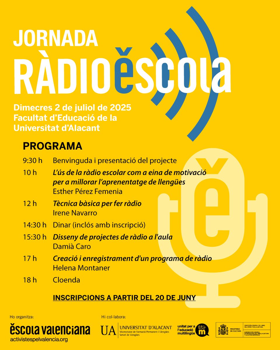Escola Valenciana (@escolatv) on Twitter photo 🎙️ Fas ràdio al teu centre o t'agradaria començar?
Escola Valenciana i la <a href="/UA_Universitat/">Universitat Alacant</a> presentem el curs 'Iniciació a la ràdio escolar', amb <a href="/mar2222/">Mar Iglesias García</a>
Una jornada per aprendre, compartir i fer créixer la ràdio 'educativa'! 🎧📚
📆 Places limitades!
👉 cvnet.cpd.ua.es/preinsua/estud… 🎙️ Fas ràdio al teu centre o t'agradaria començar?
Escola Valenciana i la <a href="/UA_Universitat/">Universitat Alacant</a> presentem el curs 'Iniciació a la ràdio escolar', amb <a href="/mar2222/">Mar Iglesias García</a>
Una jornada per aprendre, compartir i fer créixer la ràdio 'educativa'! 🎧📚
📆 Places limitades!
👉 cvnet.cpd.ua.es/preinsua/estud…