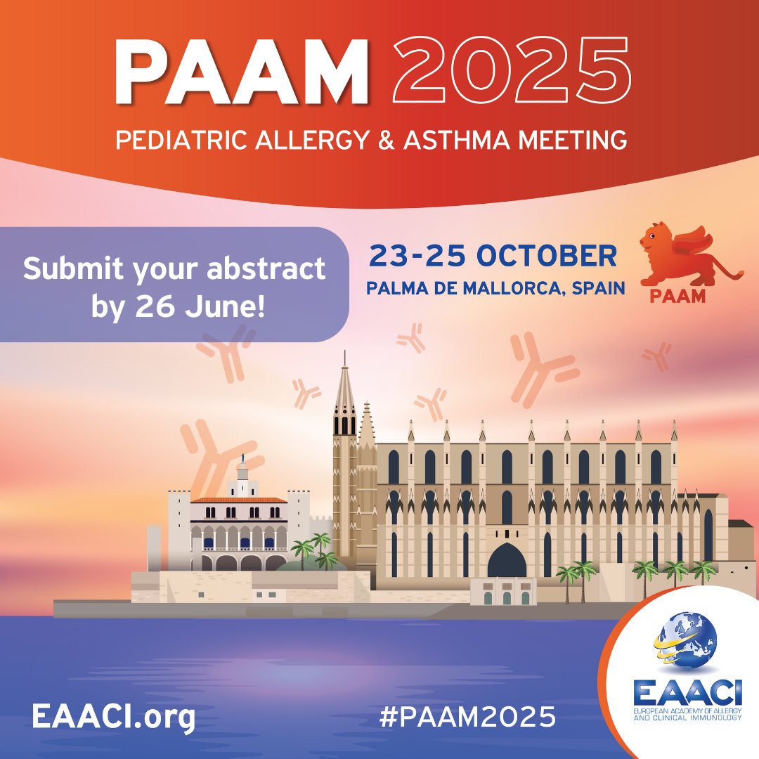 Be part of the PAAM 2025 Scientific Programme and submit your abstract!✍️
Are you ready to shape the future of pediatric allergy and asthma care?

Join us at PAAM 2025 – EAACI’s Pediatric Allergy and Asthma Meeting – happening 23–25 October 2025 in Palma de Mallorca, Spain.

📢