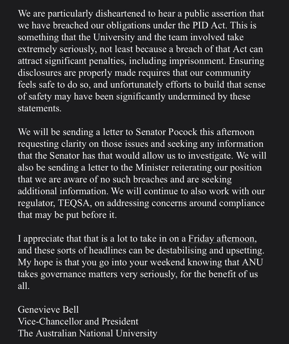 Extraordinary email from ANU VC Genevieve Bell following ministerial referral to the regulator. Nothing to see here, apparently.