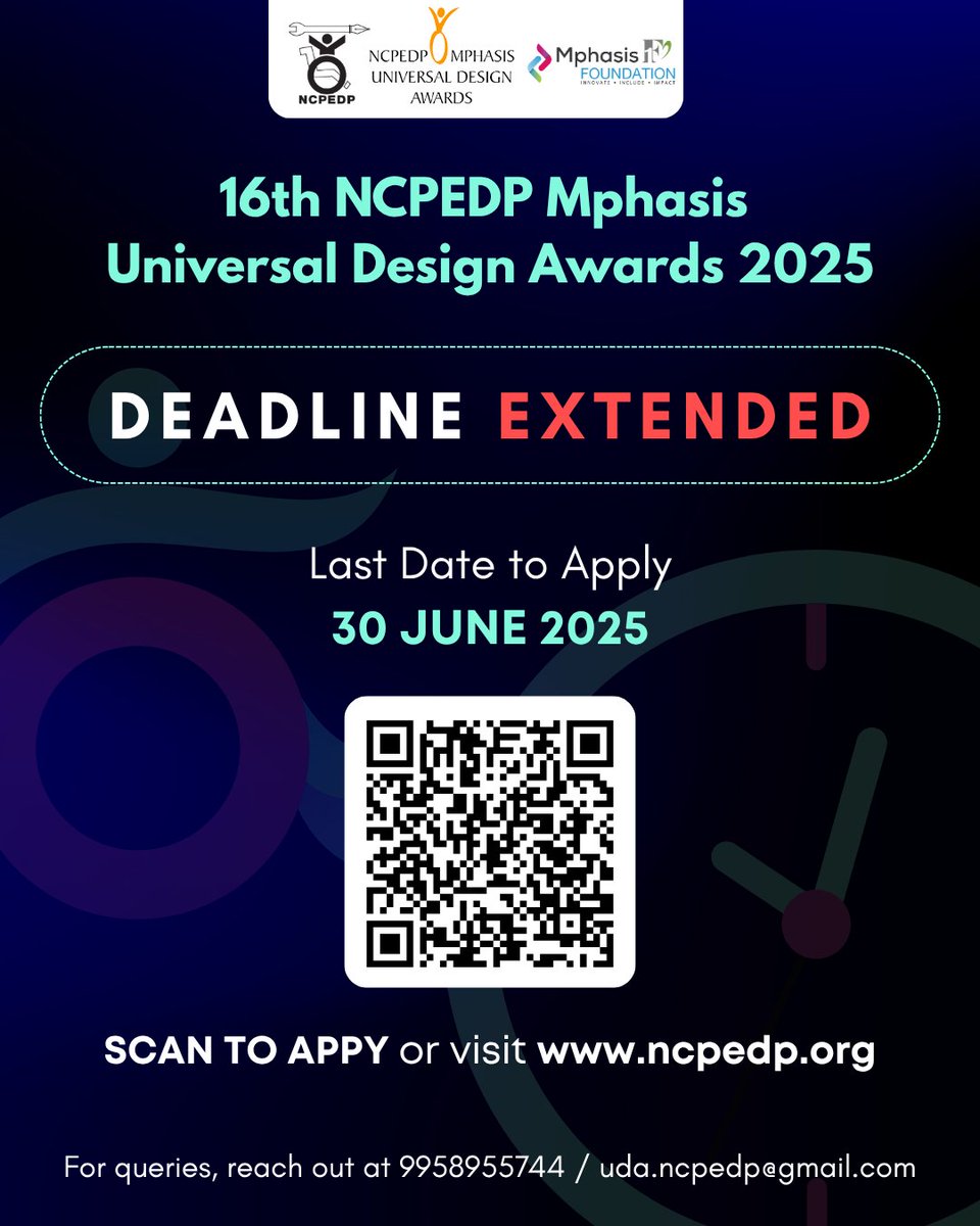 Due to the overwhelming response, the deadline to apply for the 16th NCPEDP-<a href="/Mphasis/">Mphasis</a> Universal Design Awards has been extended. You now have time till 30 June 2025 to submit your nomination.

The awards will be presented across four key categories that reflect the diverse ways