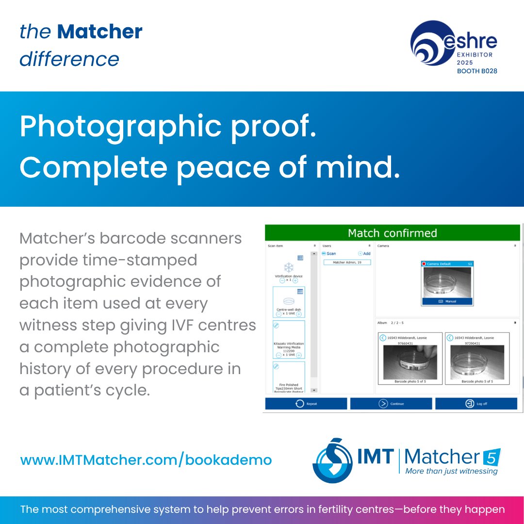 IMT_Matcher's tweet image. Photographic proof. Complete peace of mind.

IMT Matcher’s barcode scanners provide time-stamped photographic evidence at every witness step, capturing every item used, every time.

Book a demo online or at #ESHRE2025 Paris (Booth B028):
👉 imtmatcher.com/bookademo

#imtmatcher