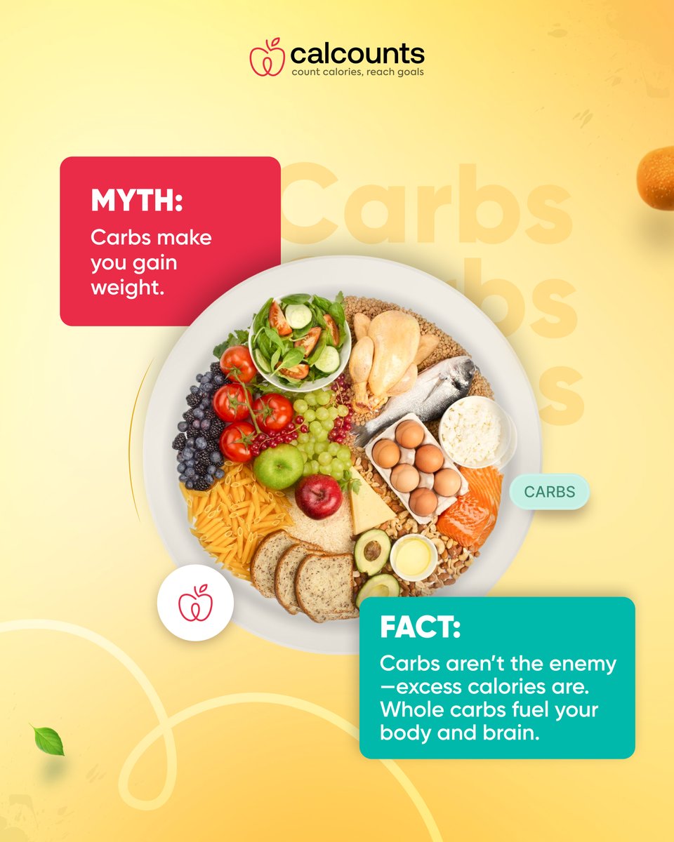 calcounts_'s tweet image. 🚫 Carbs don’t make you fat.

✅ Eating more calories than you burn does.
Whole carbs like fruits, oats &amp;amp; rice fuel your body, brain, and workouts.

It’s not about cutting carbs—it’s about eating smart. 🍚🍌

#SmartCarbs #EatTheCarbs #FoodTruths #TrackYourCalories #calcountsapp