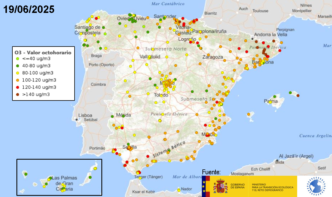 España, contaminación por ozono: máximos octohorarios de ayer, 19-junio-2025 🔗 sig.miteco.gob.es/calidad-aire #CalidadDelAire #Salud