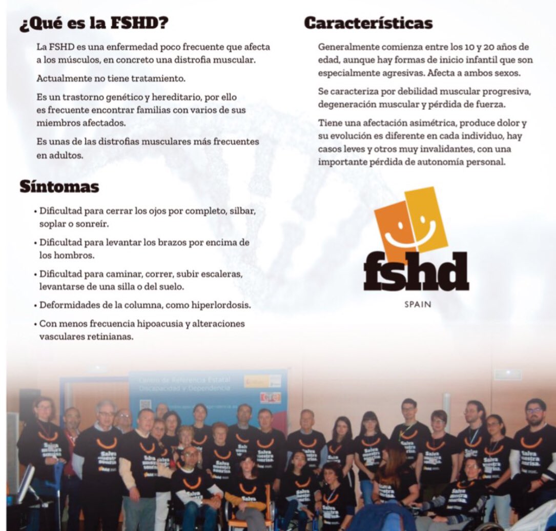 Es Día Internacional de la Distrofia Muscular FacioEscapuloHumeral #FSHD #worldFSHDday
Esta enfermedad neuromuscular de origen genético, provoca debilidad muscular progresiva, principalmente de los músculos de cara, hombros y brazos, de ahí la dificultad para poder sonreír.