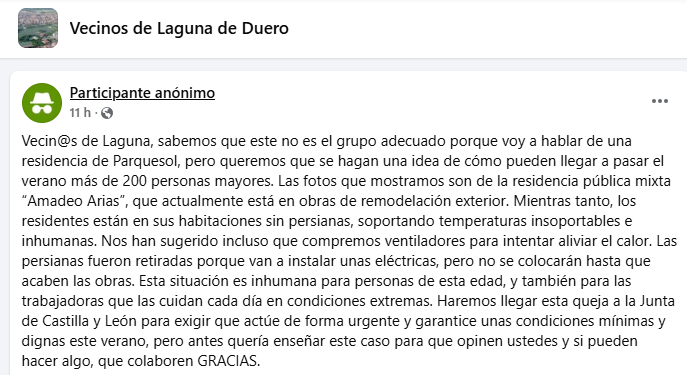 yustin's tweet photo. Esto está ocurriendo en la Residencia Mixta de Parquesol en Valladolid

Ya sé que la JCyL no tiene dinero para estos dispendios, pero quizá con un poco de esfuerzo se podría encontrar unos euros para unos ventiladores que aliviasen el día a día de nuestros abuelos (y EEPP) y que no se tengan que encargar los familiares

Os dejo el enlace del grupo de Facebook https://t.co/Ij3FGbyh8Z