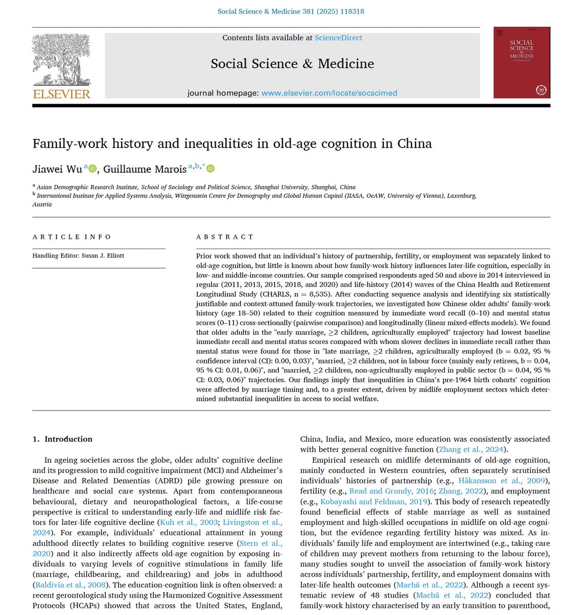 😄paper with <a href="/MaroisG/">Guillaume Marois</a> out doi.org/10.1016/j.socs… 6 family-work trajectories identified #CHARLS. Worst cognition for “early marriage, ≥ 2 children, agri-employed throughout” traj. Slower declines in immediate recall scores for “married, ≥ 2 children, urban public sector” traj.