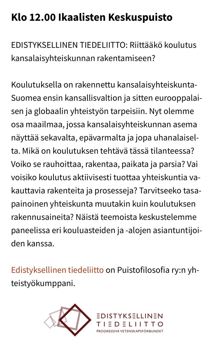 Puistofilosofian koko viikon ohjelma on julkaistu! Tiedeliiton keskustelu on pe 18.7.2025 klo 12.00-14.00 Ikaalisten keskuspuistossa. Koko viikon ohjelma täällä: puistofilosofia.fi/xv-puistofilos… .