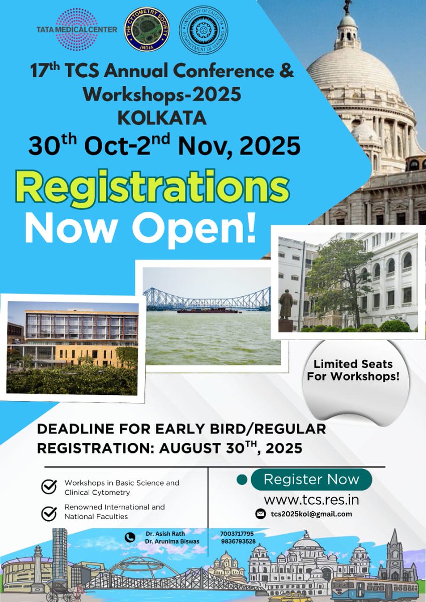 DR. ASISH RATH (@asishdoct) on Twitter photo Dear FlowSters,
The wait is over â registrations for TCS-2025 are now open!
Donât miss your chance to be part of this academic extravaganza.
Act fast â workshop seats are limited! #FLOWTCS2025 #TCS2025Kolkata
<a href="/CytometryIndia/">THE CYTOMETRY SOCIETY</a>
<a href="/Thulas31081987/">Thulasi Raman</a> <a href="/DrArunCMC/">Arun Kumar Arunachalam</a> <a href="/SSVinarkar/">sushantvinarkar</a> <a href="/Jasmita_Dass/">Jasmita</a> Dear FlowSters,
The wait is over â registrations for TCS-2025 are now open!
Donât miss your chance to be part of this academic extravaganza.
Act fast â workshop seats are limited! #FLOWTCS2025 #TCS2025Kolkata
<a href="/CytometryIndia/">THE CYTOMETRY SOCIETY</a>
<a href="/Thulas31081987/">Thulasi Raman</a> <a href="/DrArunCMC/">Arun Kumar Arunachalam</a> <a href="/SSVinarkar/">sushantvinarkar</a> <a href="/Jasmita_Dass/">Jasmita</a>