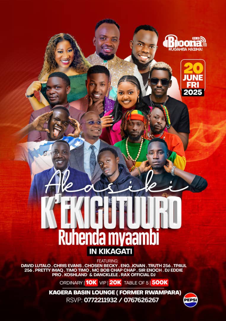 Kikagati muli ready? We outside tonite for akasiki K’ekigutuuro Kya <a href="/BoonaFm/">91.8 Boona FM</a> happening at Kagera basin Lounge former Rwampara, don’t miss out this huge lineup of entertainers ft <a href="/davidlutalolive/">DAVID LUTALO🎤🇺🇬</a>, <a href="/tpaul256/">T PAUL 256</a>, @Truth_256, <a href="/ChosenBecky1/">chosen becky MUSIC❤️</a>, <a href="/sistercharity42/">Sister Charity</a>, <a href="/TimoSports8/">TIMO TIMO the Sports master</a> etc