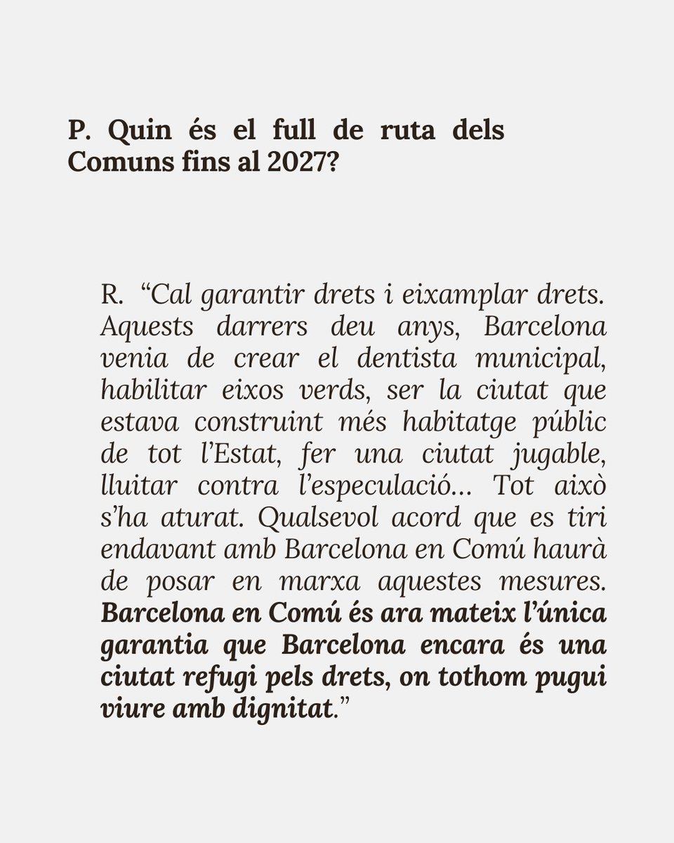 El 2027 tornarem a l’alcaldia de Barcelona i aturarem l’ampliació de l’aeroport. La ciutat necessita un govern que posi límits al turisme massiu i defensi les veïnes dels qui especulen amb l’habitatge.

"Som l’única garantia que Barcelona encara és una ciutat refugi pels drets,