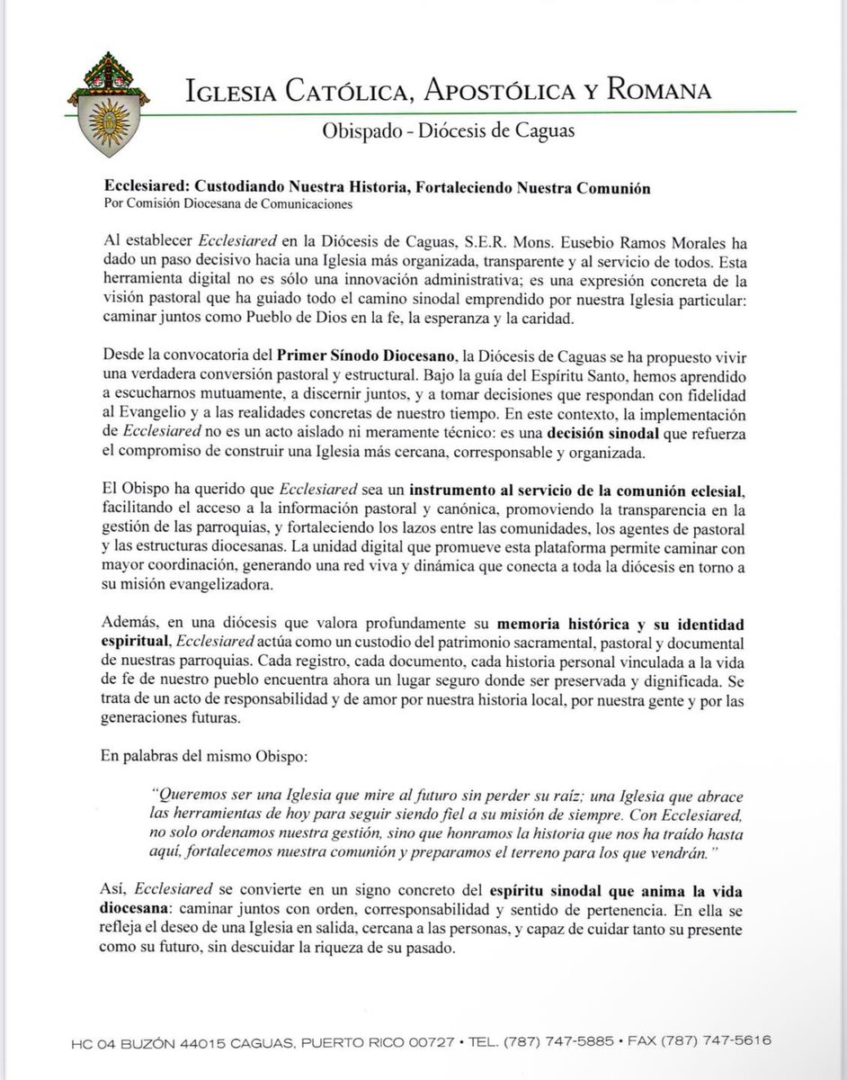 Ecclesiared's tweet photo. 💻⛪ 🙏Compartimos el comunicado emitido por la #Diócesis de #Caguas de #PuertoRico en el que Monseñor Eusebio Ramos habla del gran avance que supone #Ecclesiared en la labor pastoral y administrativa de sus #parroquias y de la #diocesis. https://t.co/8INpWE9LNL