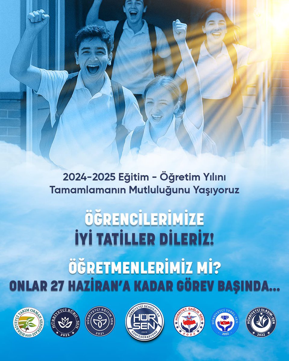 🎉 2024-2025 Eğitim-Öğretim Yılını Tamamlamanın Mutluluğunu Yaşıyoruz!

📚 Öğrencilerimize iyi tatiller!
🍉 Denizi, dağı, kitabı bol olsun!

👩‍🏫 Peki ya öğretmenlerimiz?
Onlar 27 Haziran’a kadar görev başında…