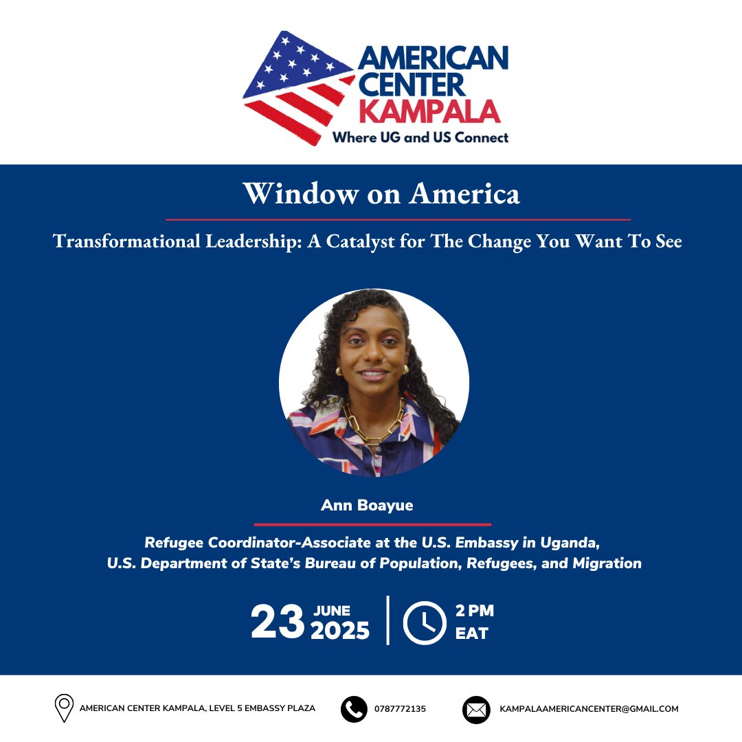 Join #AmericanCenterKampala on June 23 at 2 p.m. for a #WindowOnAmerica session with U.S. Embassy humanitarian expert, Ann Boayue. She’ll share insights on transformational leadership as a tool for driving positive change in communities. Register to attend: