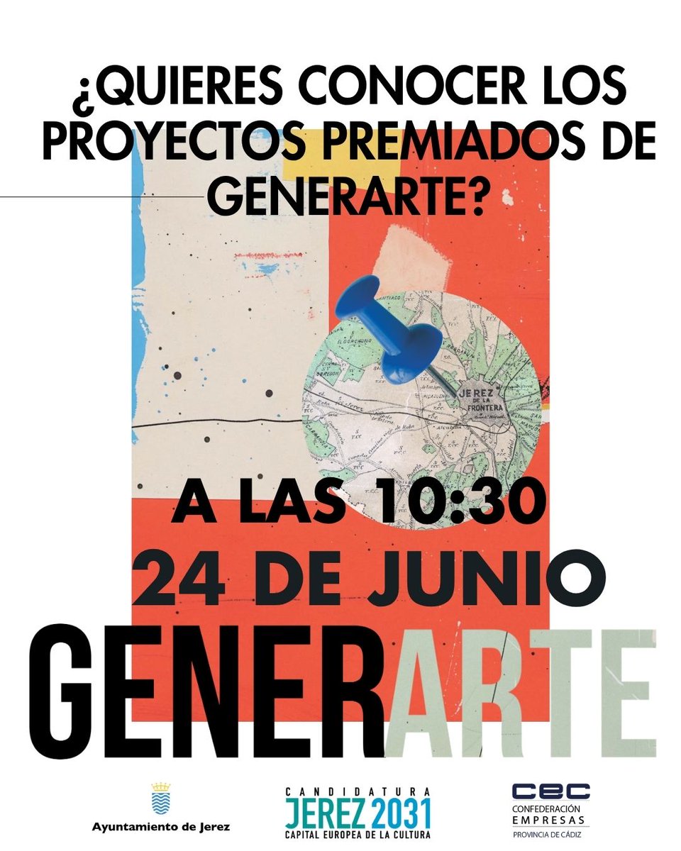 📢 ¡Este 24 de junio a las 10:30 h revelamos los proyectos ganadores de #GenerARTE!

Una cita con la creatividad y la innovación cultural en #Jerez.

🧠 ¡Gracias a todas las personas que habéis participado!

#PremiosGenerArte #Jerez2031 #InnovaciónCultural