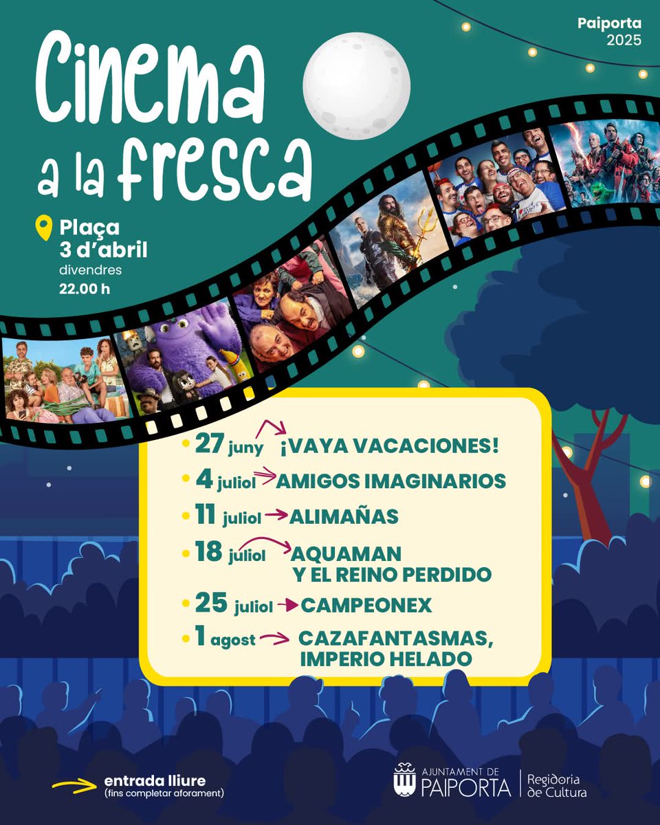 Auditori de Paiporta (@auditoripaiport) on Twitter photo Arriba l'estiu i amb ell retorna el cinema a la fresca 📽️🏖️
📅 Divendres 27/06
📅 Divendres 04, 11, 18 i 25/07
📅 Divendres 01/08
🕙 22.00 hores.
📍 Pl. 3 d'abril de l'Ajuntament Paiporta
🎟️ Entrada lliure
#AuditoriPaiporta #AuditoriAlCarrer #CulturaPaiporta #Paiporta Arriba l'estiu i amb ell retorna el cinema a la fresca 📽️🏖️
📅 Divendres 27/06
📅 Divendres 04, 11, 18 i 25/07
📅 Divendres 01/08
🕙 22.00 hores.
📍 Pl. 3 d'abril de l'Ajuntament Paiporta
🎟️ Entrada lliure
#AuditoriPaiporta #AuditoriAlCarrer #CulturaPaiporta #Paiporta