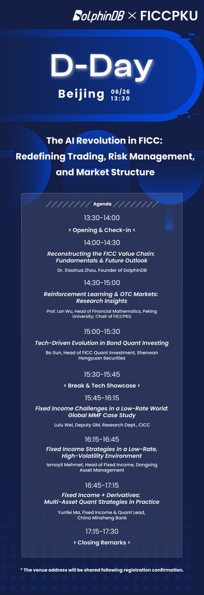 DolphinDB (@dolphindb_inc) on Twitter photo 👏Excited to share that #DolphinDB is partnering with the #FICCPKU Club for an exclusive in-person event in Beijing on Thursday, June 26, from 13:30 to 17:30 (GMT+8).
Under the theme “The AI Revolution in FICC: Redefining Trading, Risk Management, and Market Structure,” we’ll 👏Excited to share that #DolphinDB is partnering with the #FICCPKU Club for an exclusive in-person event in Beijing on Thursday, June 26, from 13:30 to 17:30 (GMT+8).
Under the theme “The AI Revolution in FICC: Redefining Trading, Risk Management, and Market Structure,” we’ll