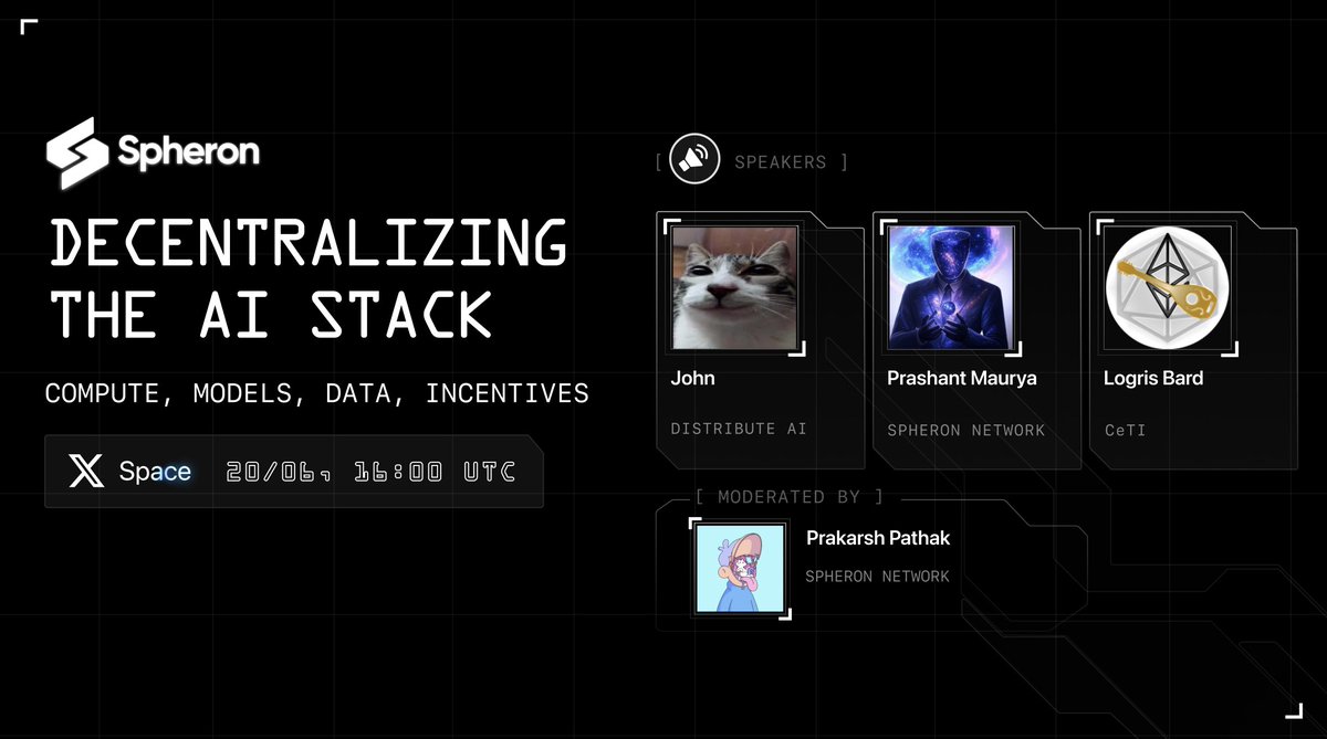 Spheron Network (@spheronfdn) on Twitter photo The AI Stack is being rewritten on-chain.
We’re talking Compute. Models. Data. Incentives.
All decentralised. All open. All composable.
🗓️ 20 June | 16:00 UTC
<a href="/JIsDistributed/">Distribute John</a> //<a href="/distributeai/">distribute.ai</a>
<a href="/prashant_xyz/">Prashant - ai/acc | bringing spheron revolution</a> // Spheron
<a href="/LogrisTheBard/">Logris Bard</a> // <a href="/ceti_ai/">ceτi AI</a>
mod <a href="/blockchainbalak/">Prakarsh | Blockchain Balak</a> The AI Stack is being rewritten on-chain.
We’re talking Compute. Models. Data. Incentives.
All decentralised. All open. All composable.
🗓️ 20 June | 16:00 UTC
<a href="/JIsDistributed/">Distribute John</a> //<a href="/distributeai/">distribute.ai</a>
<a href="/prashant_xyz/">Prashant - ai/acc | bringing spheron revolution</a> // Spheron
<a href="/LogrisTheBard/">Logris Bard</a> // <a href="/ceti_ai/">ceτi AI</a>
mod <a href="/blockchainbalak/">Prakarsh | Blockchain Balak</a>