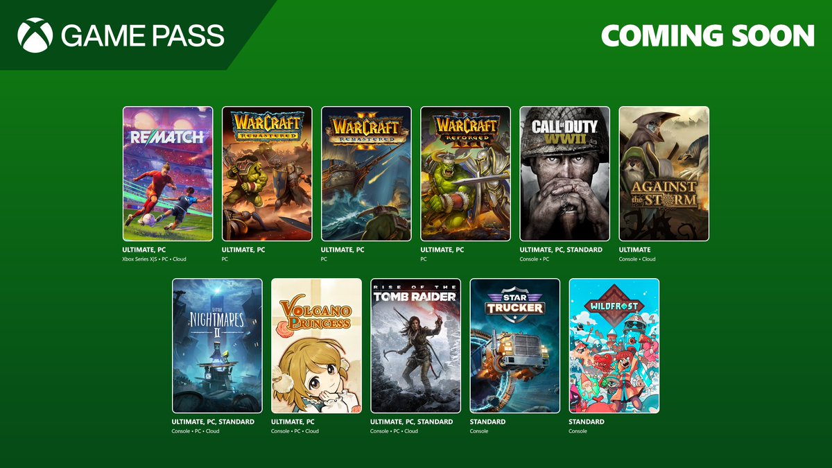 ¡Más juegos llegan pronto a #GamePass!💚

Podrás jugar  juegazos como #Rematch, #Warcraft I &amp; II: Remastered, #WarcraftIII: Reforged, #CallofDuty: WWII y más✨

tinyurl.com/bdea65p5