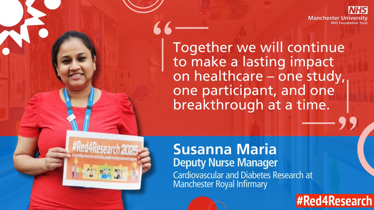 MFT_Research's tweet image. On #Red4Research Day, Susanna Maria, Deputy Nurse Manager for Cardiovascular and Diabetes Research at @MFT_MRI, celebrates everyone who makes research possible.🔴
Read Susanna’s blog 👇
research.cmft.nhs.uk/news-events/re…