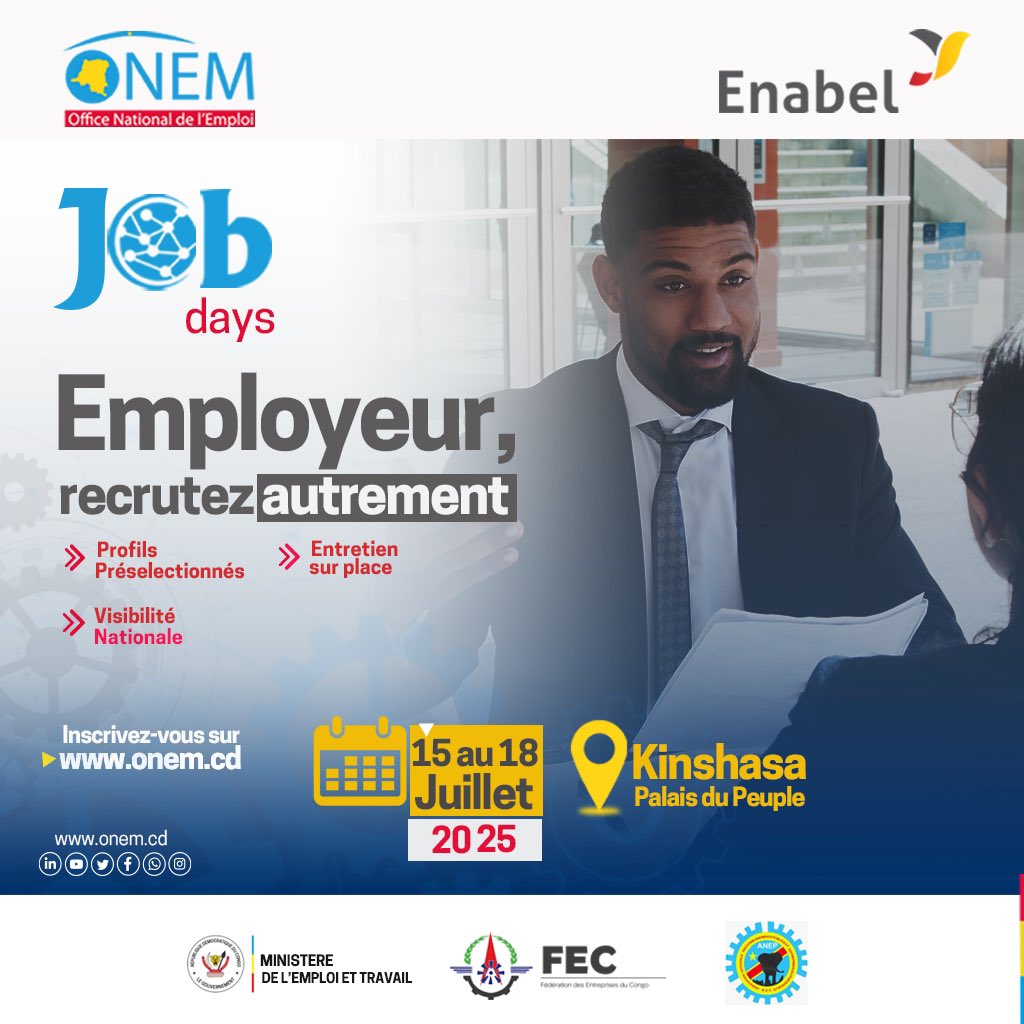 ONEM RDC (@onem_cd) on Twitter photo Vous êtes employeur ?
Optez pour un recrutement innovant et brisez les habitudes afin de rencontrer les candidats idéaux pour faire croître vos activités
🎓 Profils de candidats présélectionnés
⚙️ Entretiens sur place
🏁 Visibilité nationale
<a href="/Presidence_RDC/">Présidence RDC 🇨🇩</a>
<a href="/fanon_beya/">Fanon Beya</a> Vous êtes employeur ?
Optez pour un recrutement innovant et brisez les habitudes afin de rencontrer les candidats idéaux pour faire croître vos activités
🎓 Profils de candidats présélectionnés
⚙️ Entretiens sur place
🏁 Visibilité nationale
<a href="/Presidence_RDC/">Présidence RDC 🇨🇩</a>
<a href="/fanon_beya/">Fanon Beya</a>