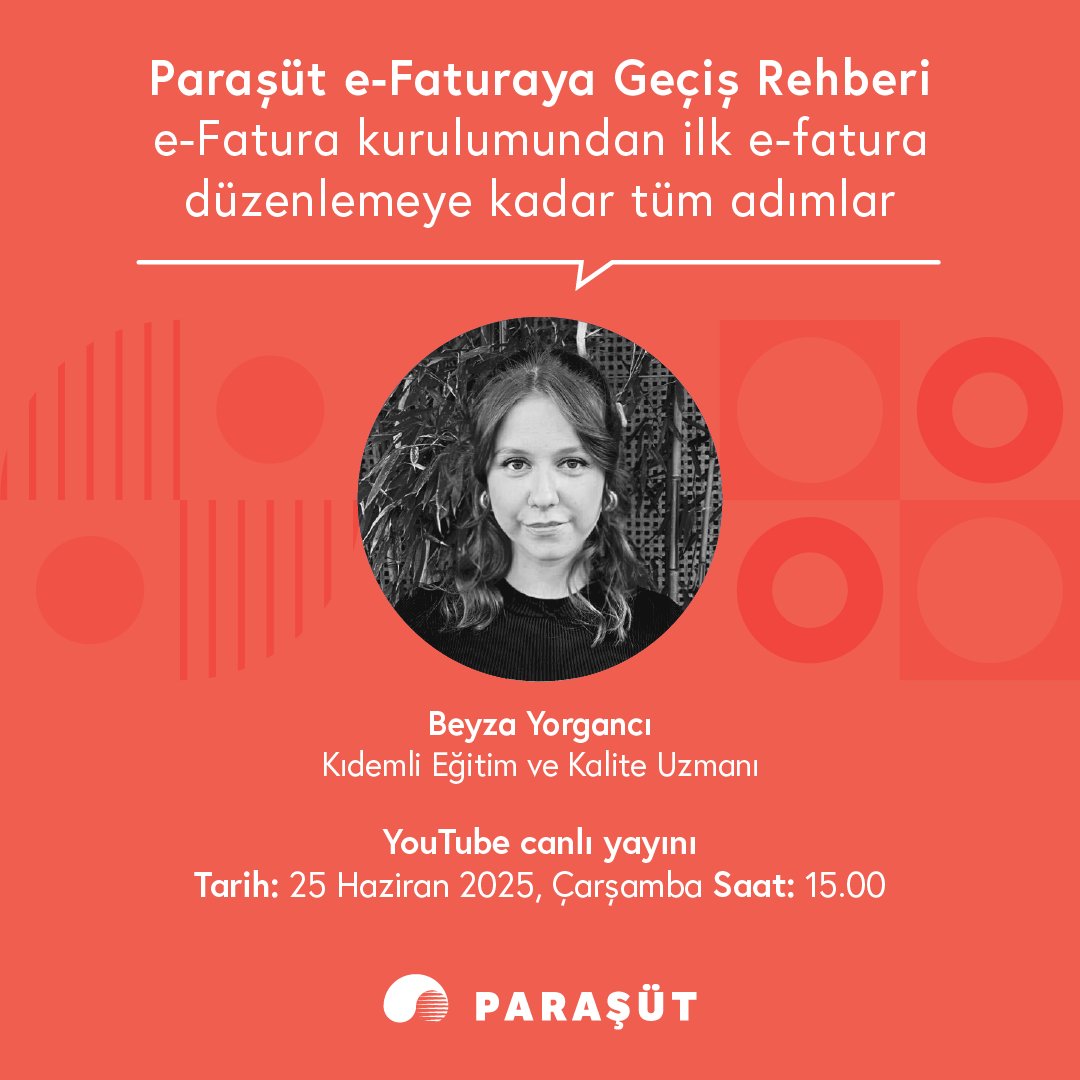 📢 e-Fatura süreçlerini birlikte öğreniyoruz! 
"Paraşüt e-Faturaya Geçiş Rehberi” canlı yayınına davetlisiniz. 👩‍💻 

Bu canlı yayında; 

🎯 Paraşüt ile e-faturaya geçiş nasıl yapılır? 
🎯 e-Fatura nasıl kesilir, iptal edilir? 
🎯 Sık yapılan hatalar ve püf noktaları neler gibi