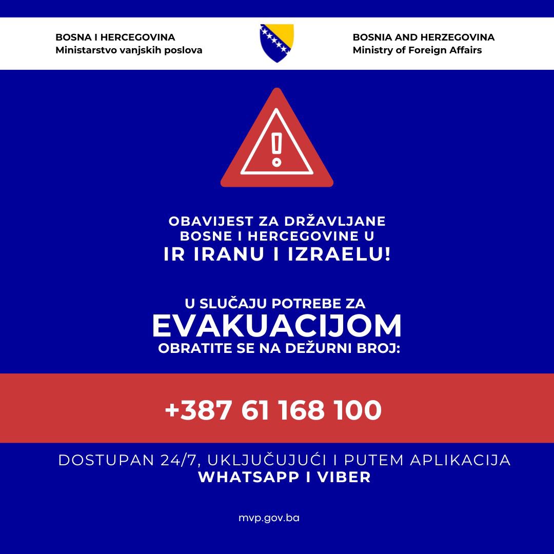 U kontekstu eskalacije sukoba između Irana i Izraela, Ministarstvo vanjskih poslova 🇧🇦 obavještava javnost da, prema trenutno dostupnim informacijama iz Ambasada u Teheranu i Tel Avivu, nema povrijeđenih niti stradalih državljana BiH.

📞 Pozivamo sve državljane BiH koji se
