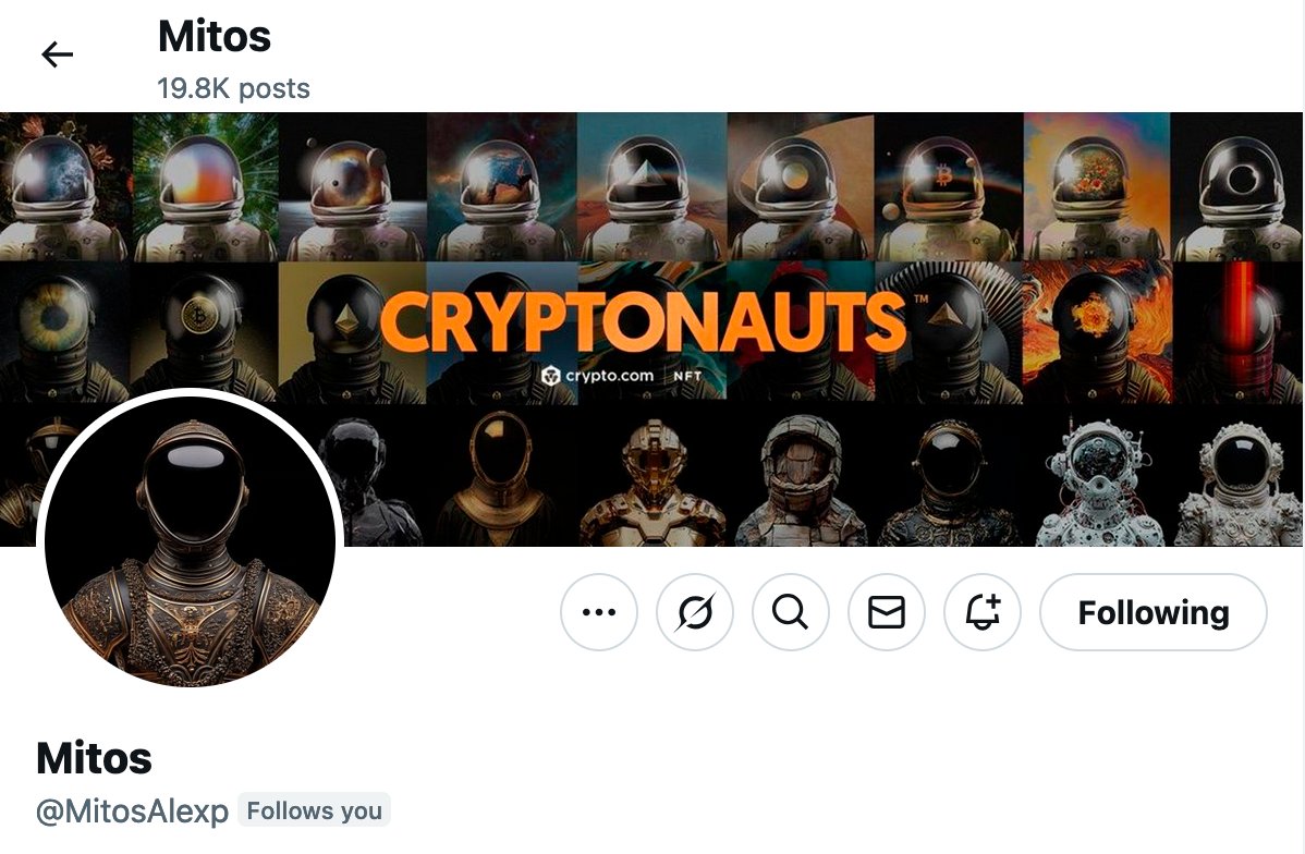 GM #crofam Seeing one of our biggest supporters rock his Cryptonauts pfp and cover image fills our heart with joy! Σας ευχαριστώ <a href="/MitosAlexp/">Mitos</a> 

5 DAYS TO LEGENDARY CRYPTONAUTS 🚀🚀