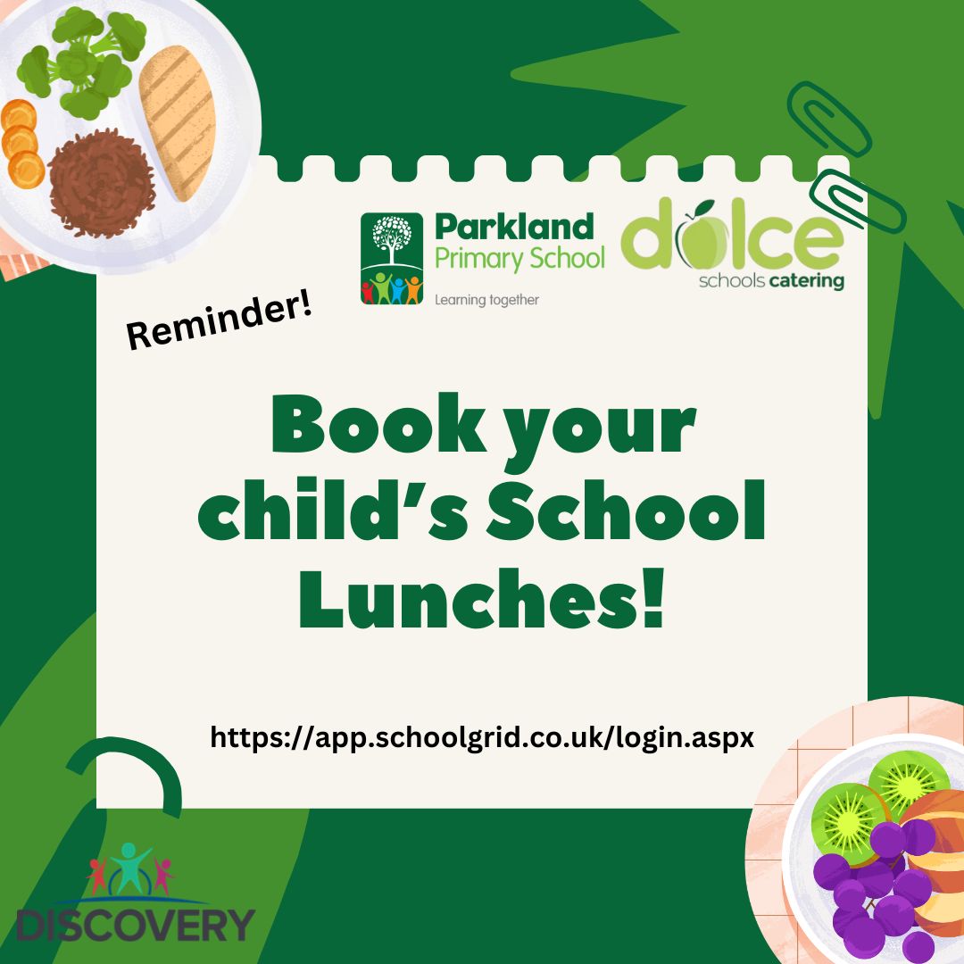 Parkland Primary (@parklandsch) on Twitter photo Reminder to book your child's school lunches on SchoolGrid for next week.
Thank you.
<a href="/Discoverytrust/">Discovery Trust</a> Reminder to book your child's school lunches on SchoolGrid for next week.
Thank you.
<a href="/Discoverytrust/">Discovery Trust</a>
