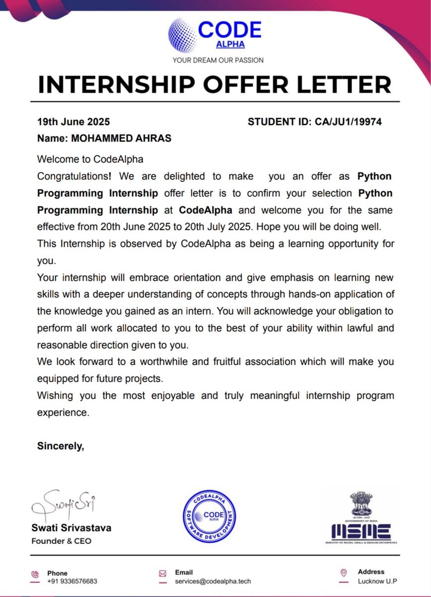 MOHAMMEDAHRAS1's tweet image. Exciting news! 🚀 I've been selected for the #CodeAlpha Internship program! 🎉 Ready to dive into #PythonProgramming and take my skills to the next level! 💻
@0xAsharib @ziakhan @irfan_malikx
 #Internship #LearningJourney #CareerGrowth
